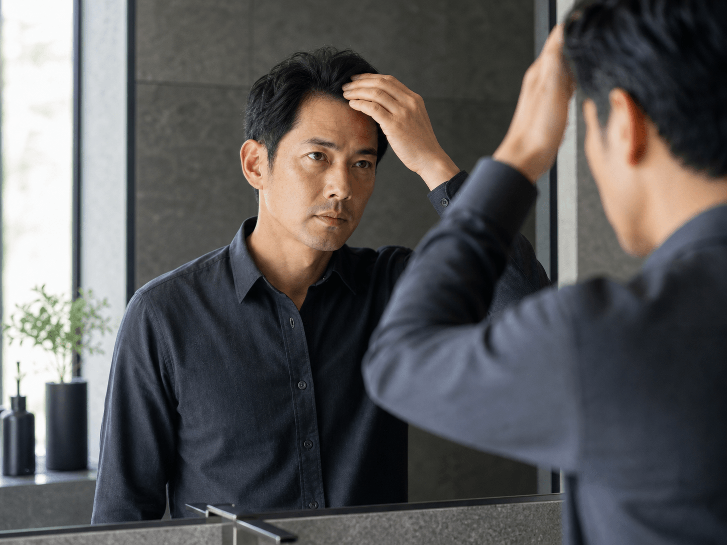 鏡で髪を確認する40代男性