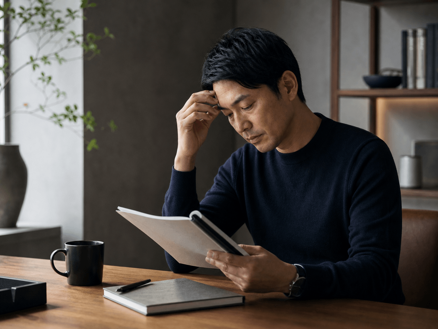 書類を読みながら体調を振り返る40代男性